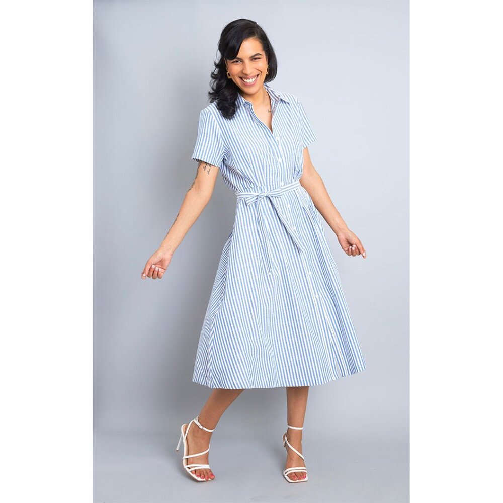 Nautical Chic Blue Pinstripe Belted Button-Up Midi Dress